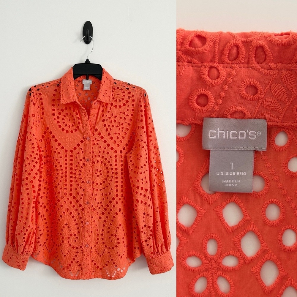 Chico's Women L Size 2 Orange 100% Cotton Eyelet Billow Long Sleeve Top NWOT